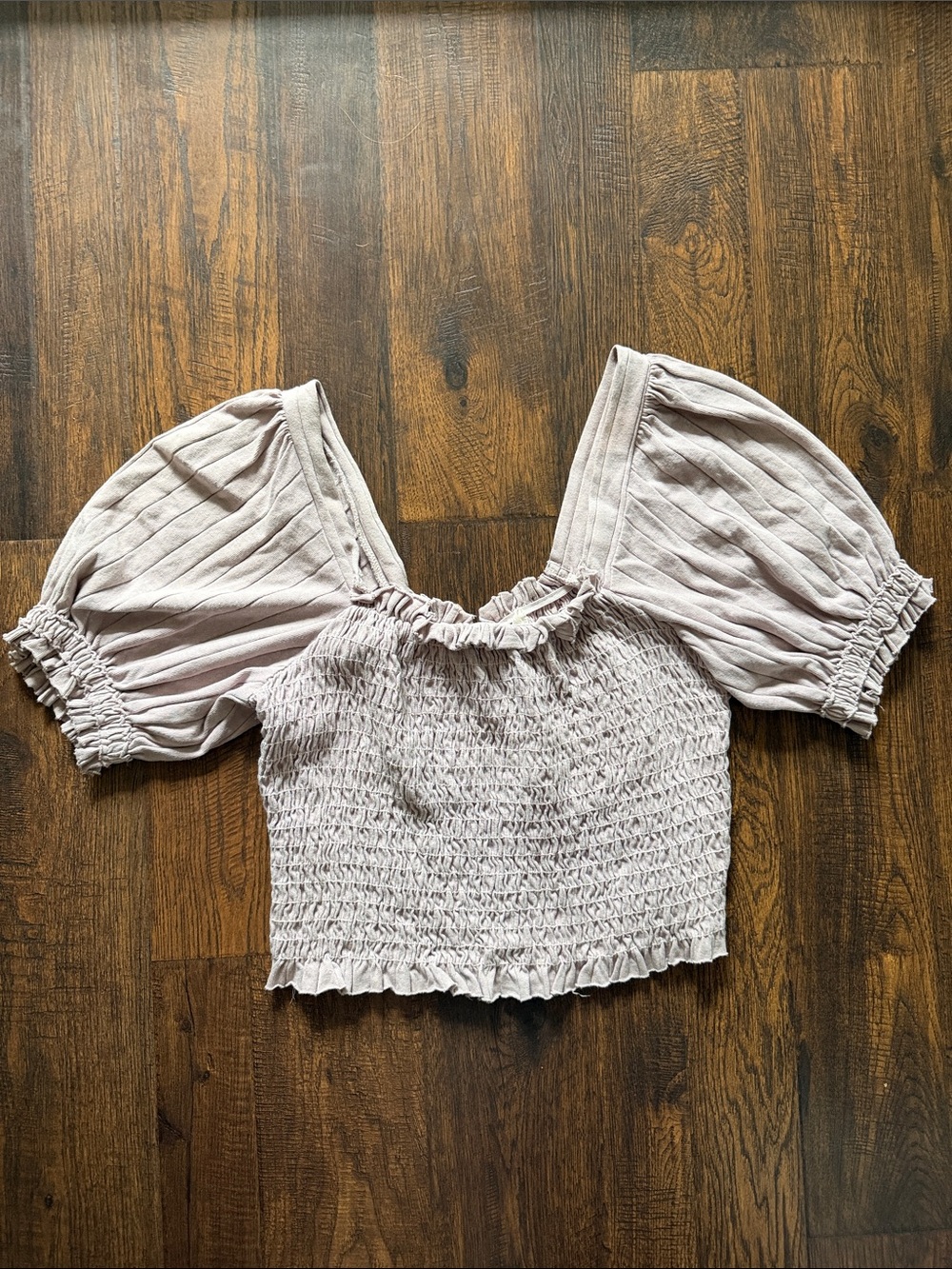We The Free Light Mauve Smocked Square-Neck Puff Sleeve Crop Top